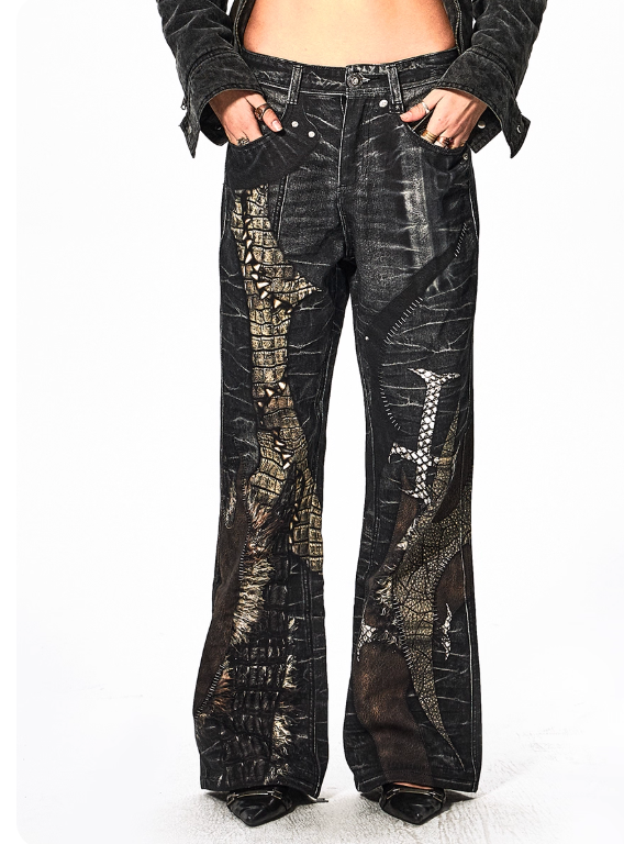DND4DES Niche Digital Print All-Over Cross Patchwork Straight Leg Pants