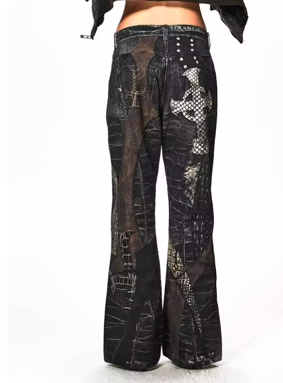 DND4DES Niche Digital Print All-Over Cross Patchwork Straight Leg Pants