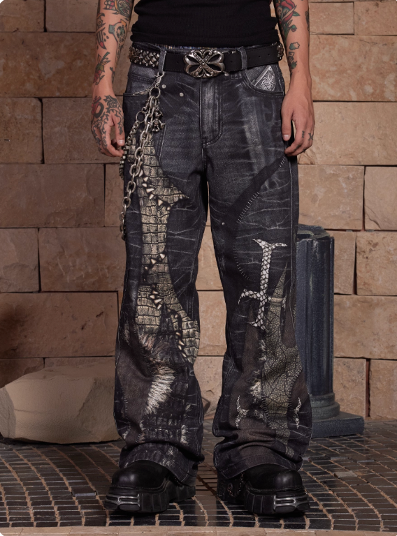 DND4DES Niche Digital Print All-Over Cross Patchwork Straight Leg Pants