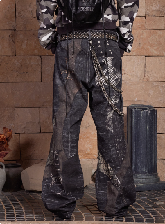 DND4DES Niche Digital Print All-Over Cross Patchwork Straight Leg Pants