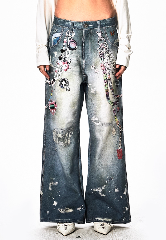 DND4DESy2k cartoon chain wide-leg jeans
