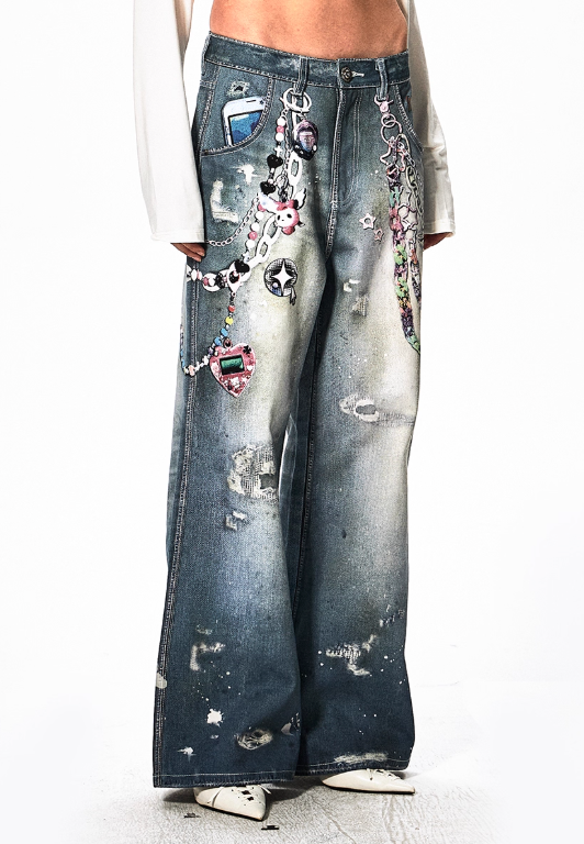 DND4DESy2k cartoon chain wide-leg jeans
