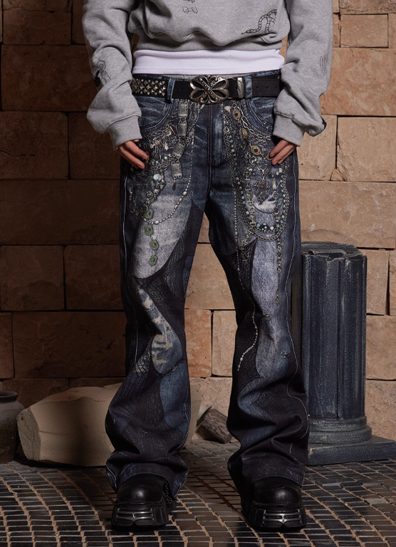 DND4DES Niche Design Digital Print All-Over Chain Lace Pants