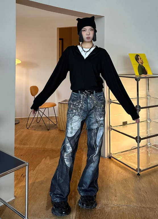 DND4DES Niche Design Digital Print All-Over Chain Lace Pants