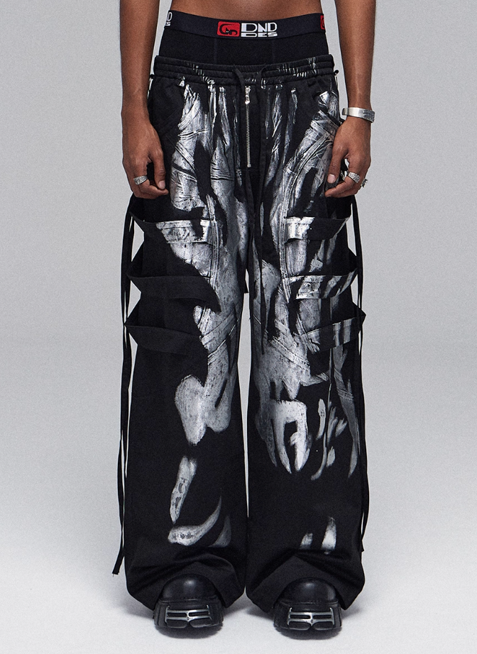 DND4DES  brushed silver ribbon drawstring wide-leg cargo pants