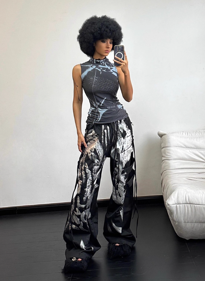 DND4DES  brushed silver ribbon drawstring wide-leg cargo pants
