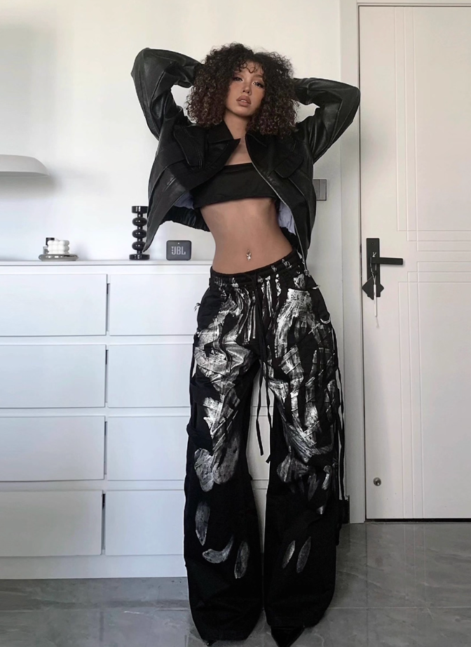 DND4DES  brushed silver ribbon drawstring wide-leg cargo pants