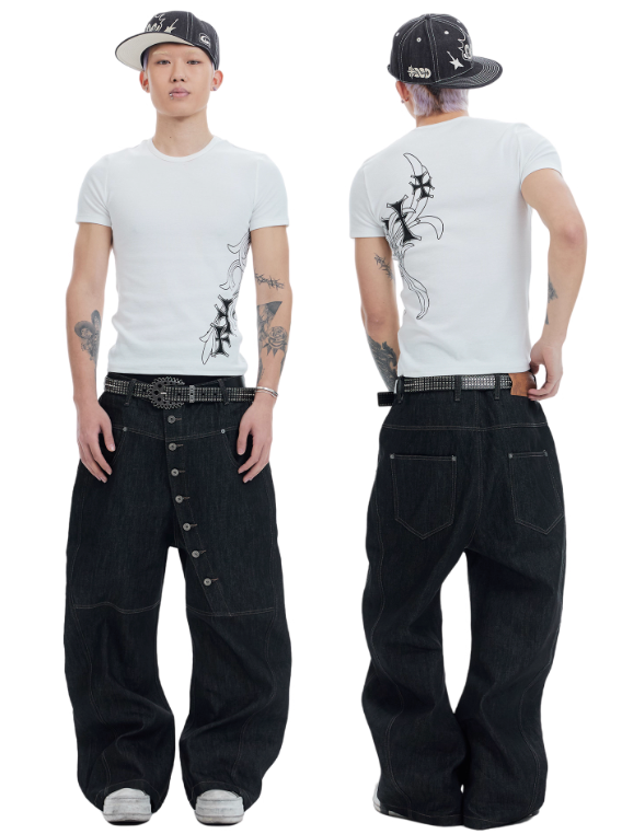 DND4DES  curved long button baggy  raw denim