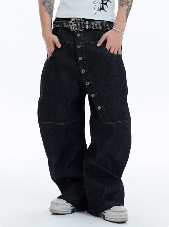 DND4DES  curved long button baggy  raw denim
