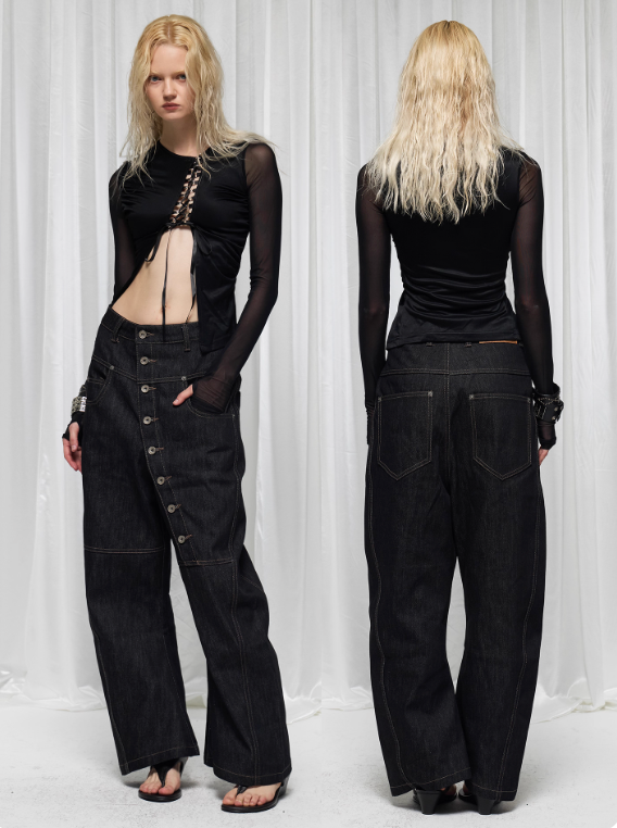 DND4DES  curved long button baggy  raw denim