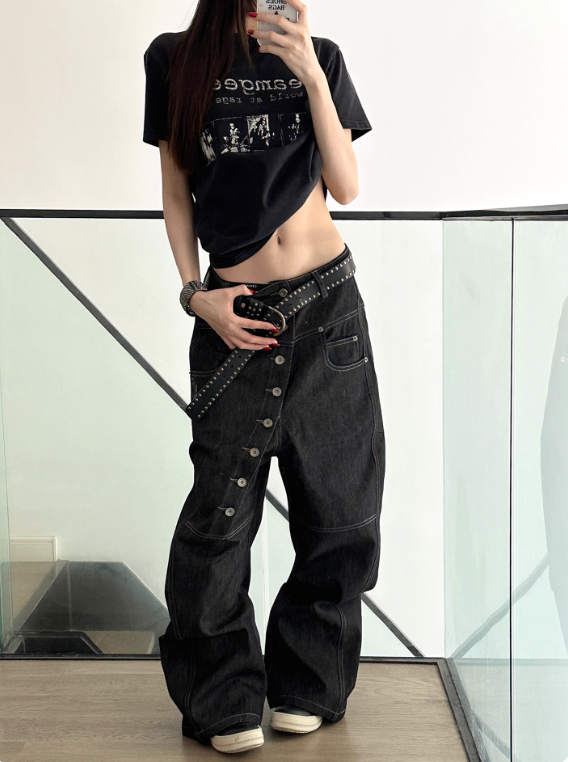 DND4DES  curved long button baggy  raw denim