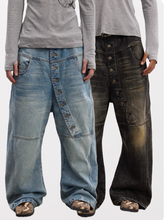 DND4DES  curved long button baggy  raw denim