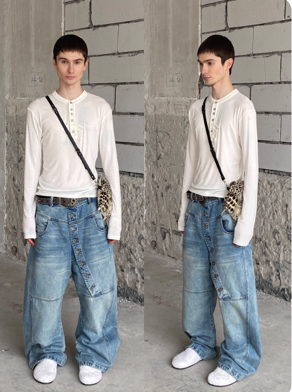 DND4DES  curved long button baggy  raw denim
