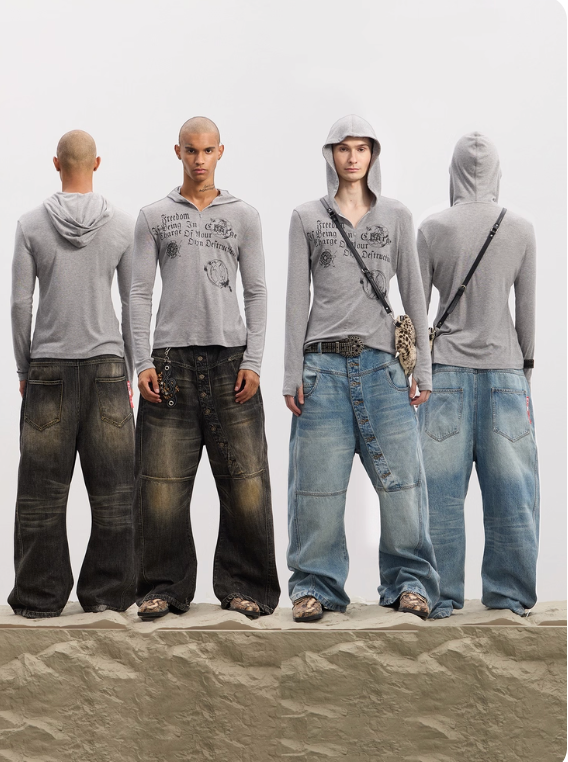 DND4DES  curved long button baggy  raw denim