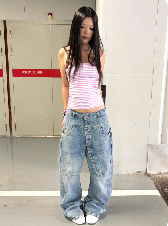 DND4DES  curved long button baggy  raw denim