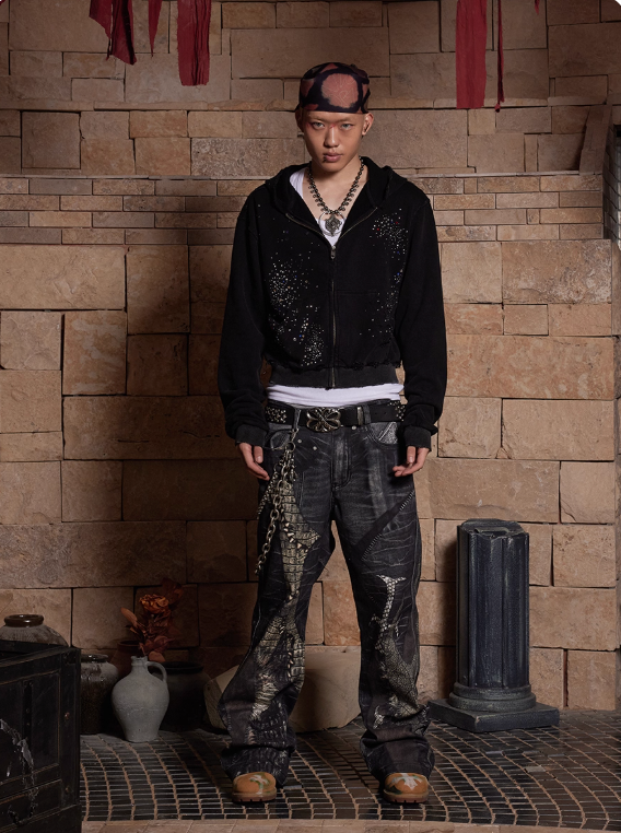 DND4DES Rhinestone Washed Distressed Hooded