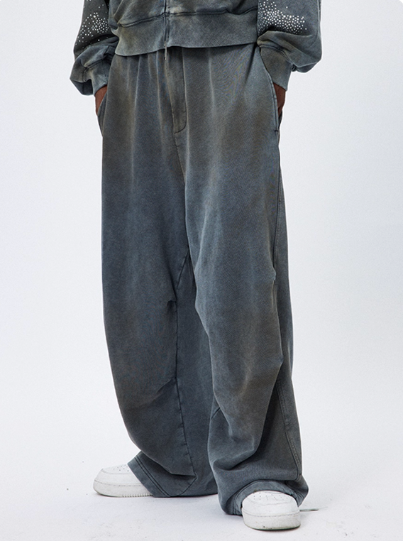 DND4DES Washed Distressed Mud Dye Drawstring Wide-Leg Sweatpants