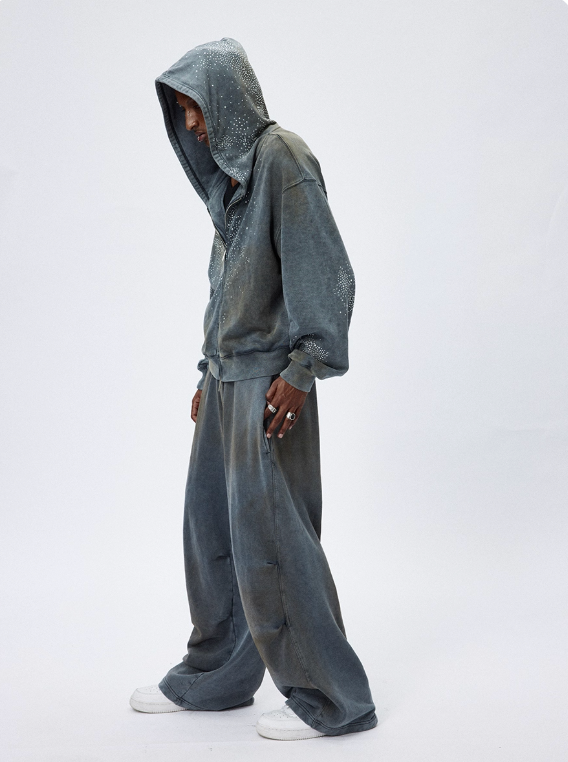 DND4DES Washed Distressed Mud Dye Drawstring Wide-Leg Sweatpants