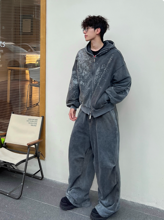 DND4DES Washed Distressed Mud Dye Drawstring Wide-Leg Sweatpants
