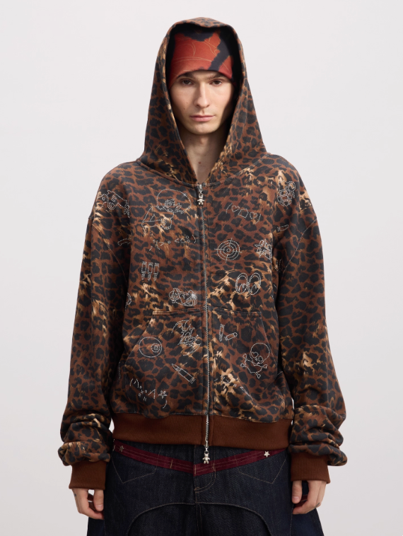DND4DES Rhinestone Leopard Print Hooded Sweatshirt Jacket