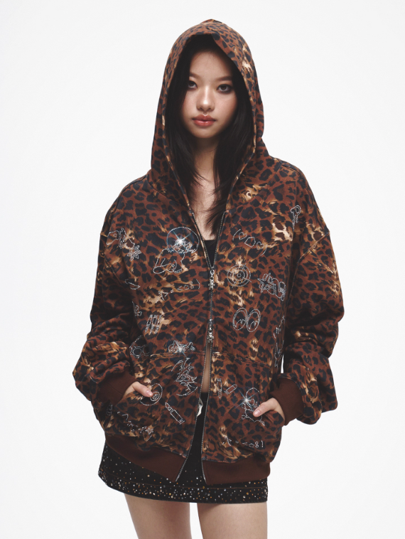 DND4DES Rhinestone Leopard Print Hooded Sweatshirt Jacket