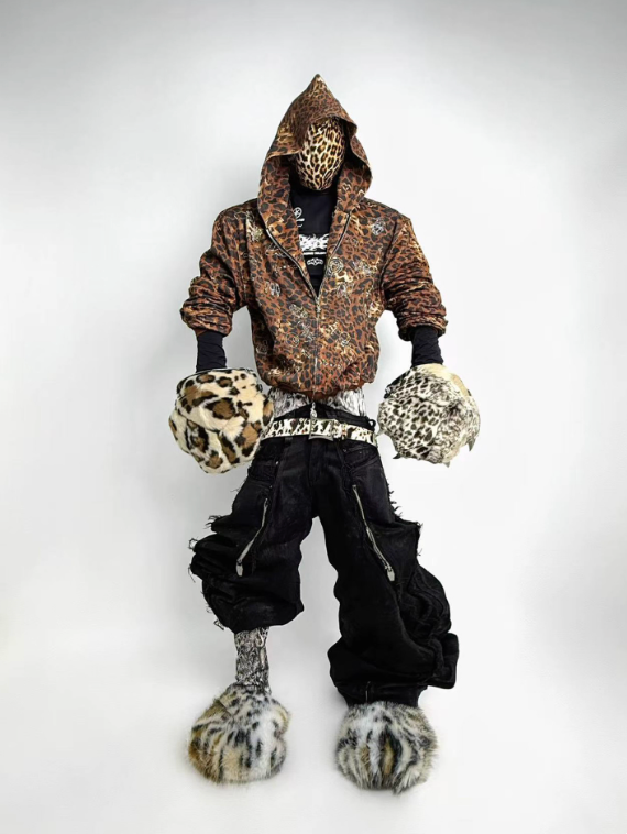 DND4DES Rhinestone Leopard Print Hooded Sweatshirt Jacket