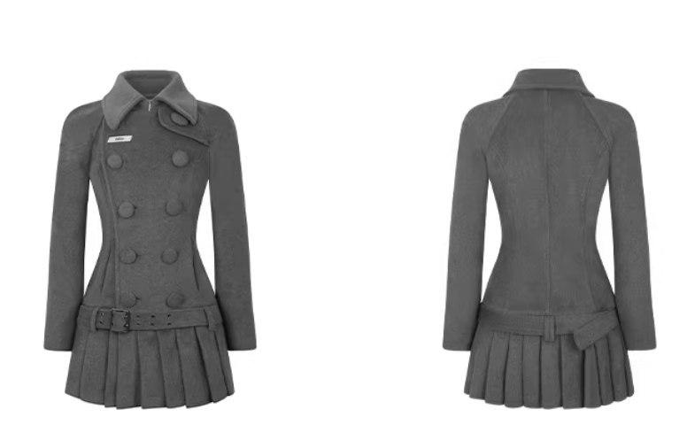 Nodress grey double-breasted pleated midi woolen jacket