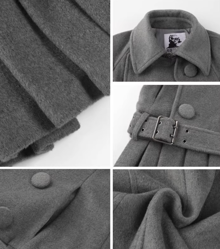 Nodress grey double-breasted pleated midi woolen jacket