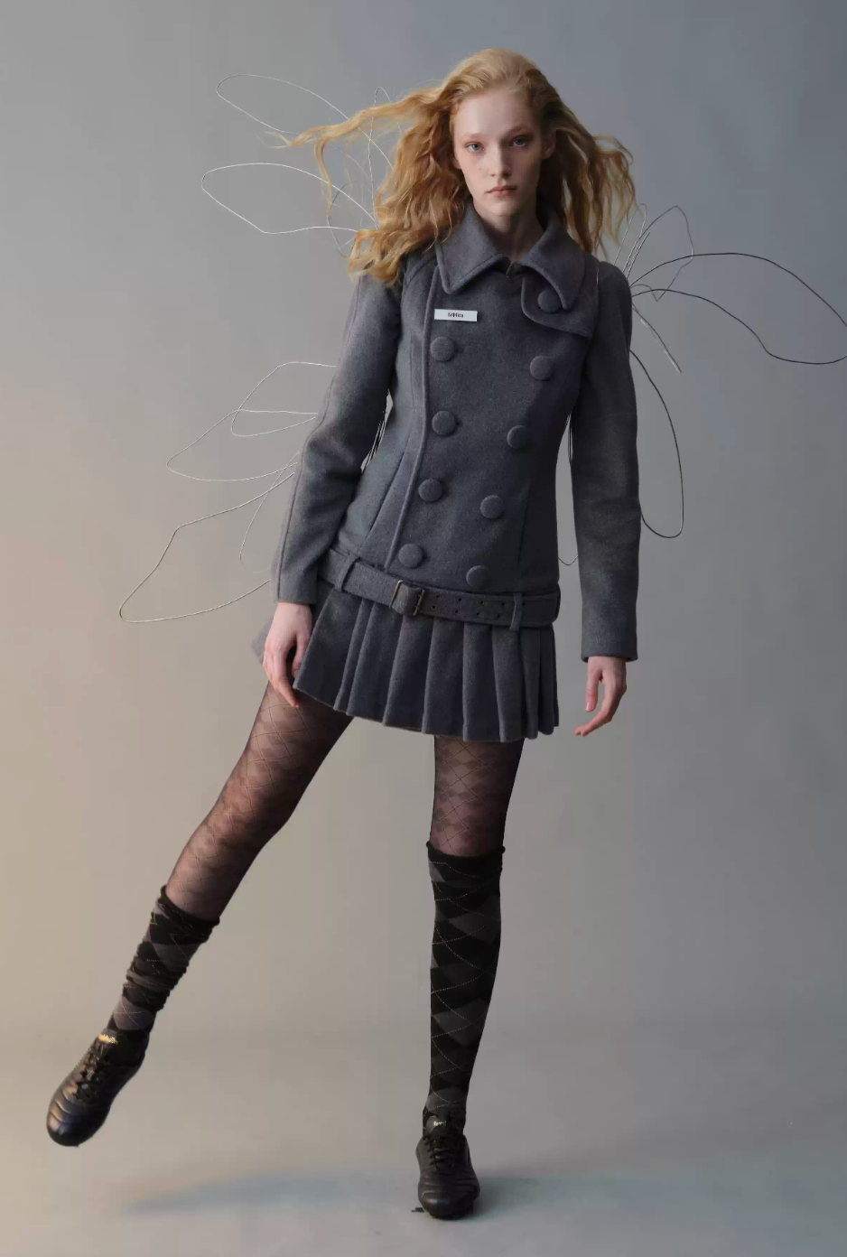 Nodress grey double-breasted pleated midi woolen jacket