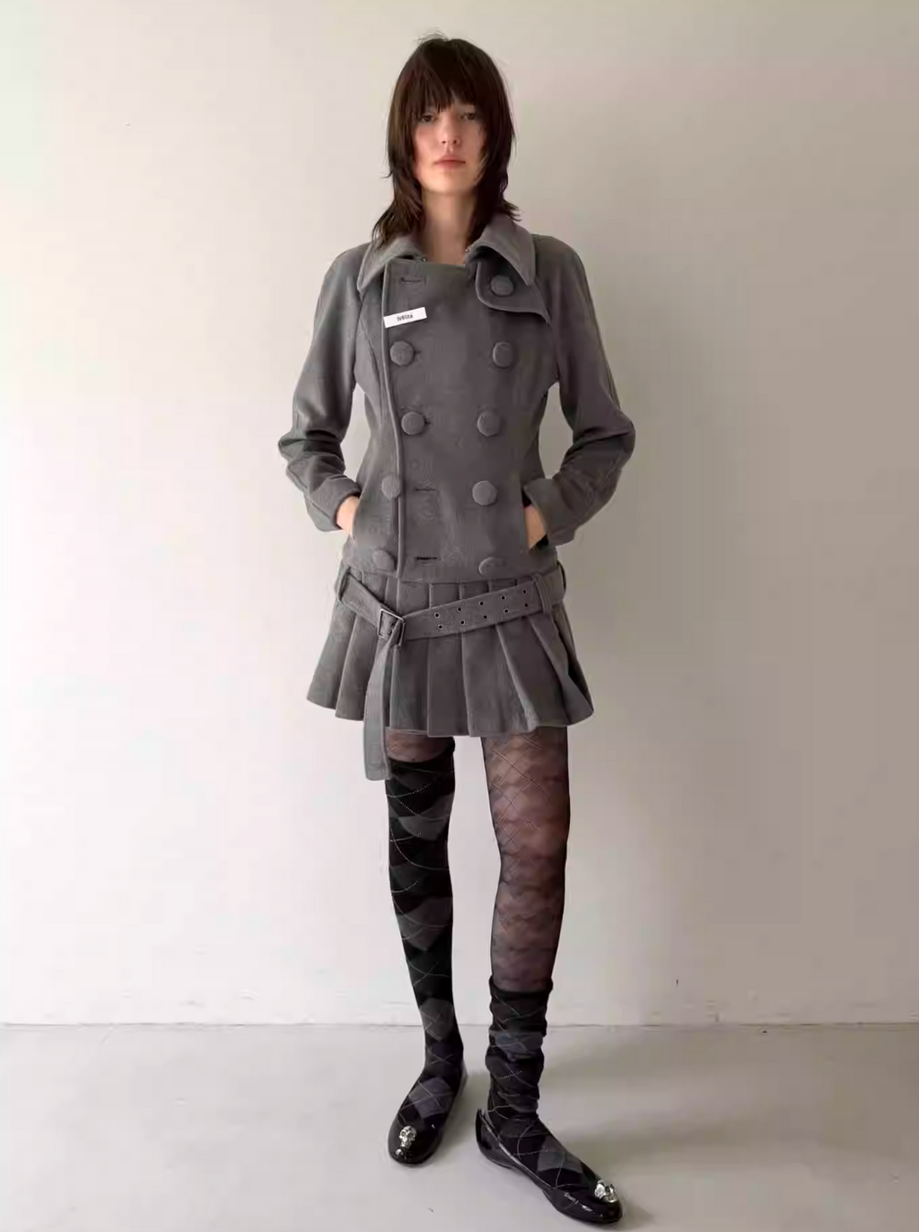 Nodress grey double-breasted pleated midi woolen jacket