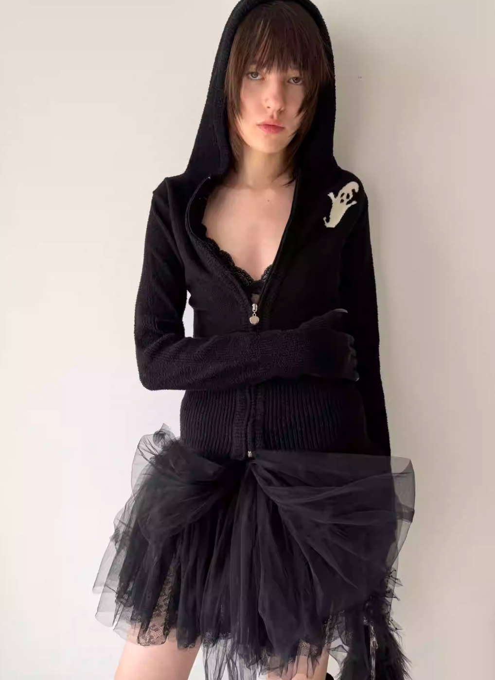 Nodress Black Devil Print Hooded Knit Cardigan