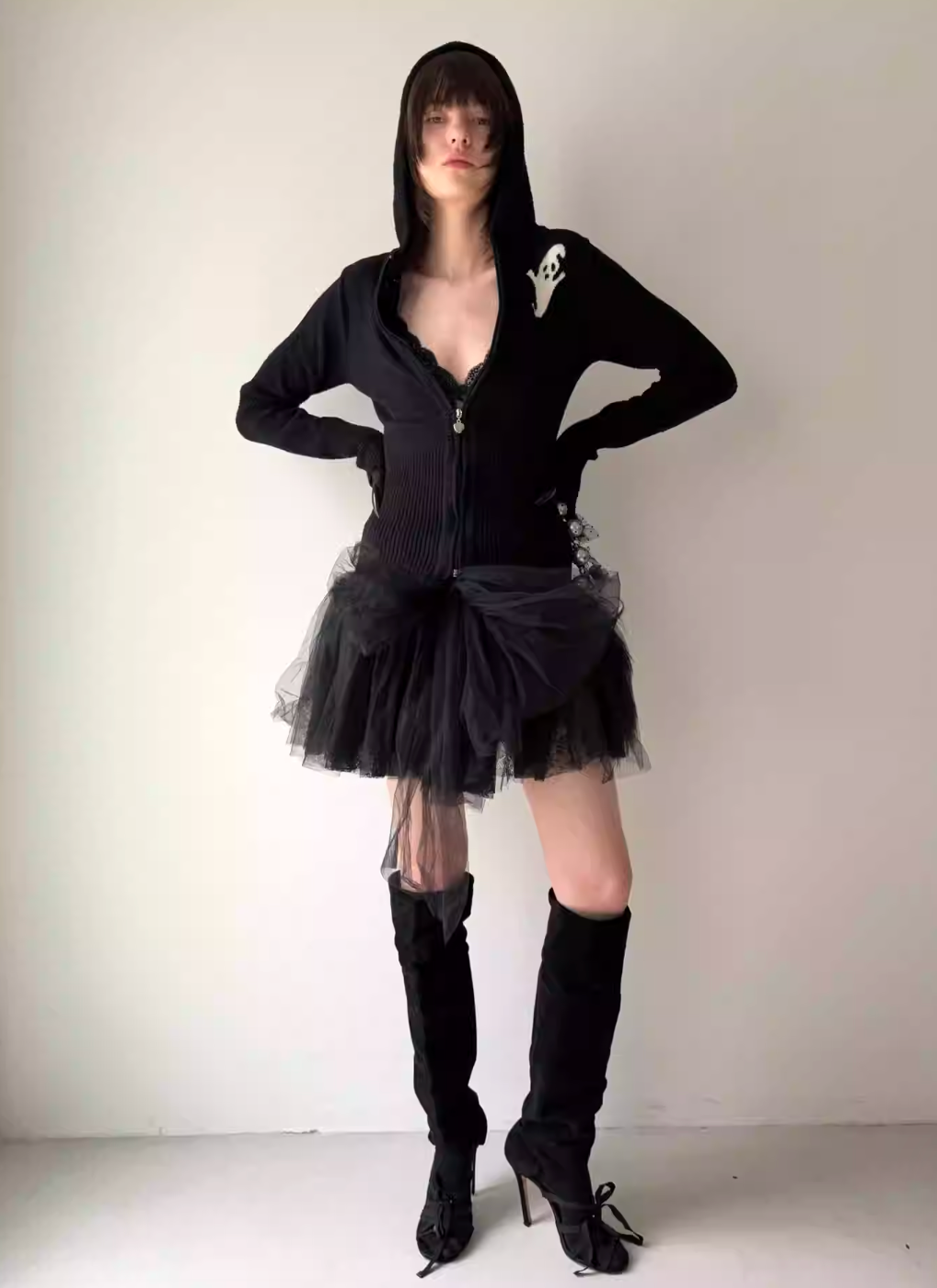 Nodress Black Devil Print Hooded Knit Cardigan