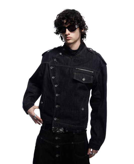 DND4DES Stand Collar Loose Short Wide Coat Long Button-Down Raw Denim Jacket