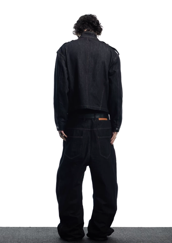 DND4DES Stand Collar Loose Short Wide Coat Long Button-Down Raw Denim Jacket