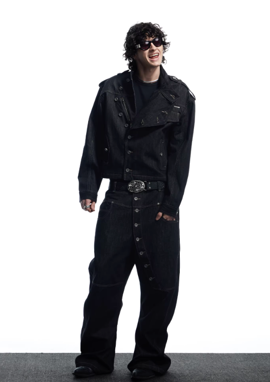 DND4DES Stand Collar Loose Short Wide Coat Long Button-Down Raw Denim Jacket
