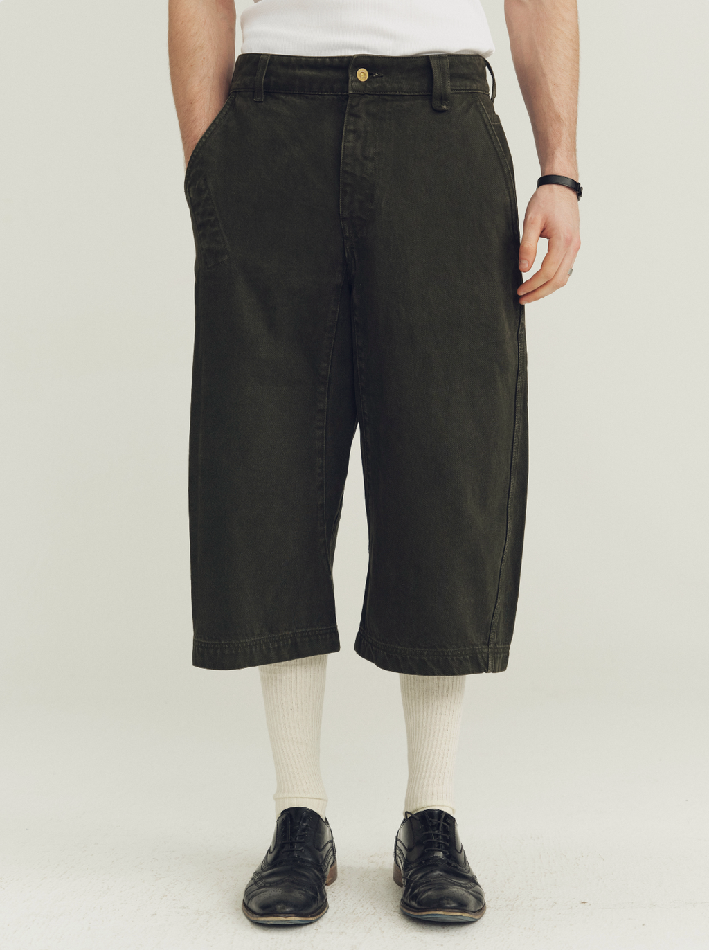 THE PROUDER  cotton army green three-dimensional cut denim cropped pants