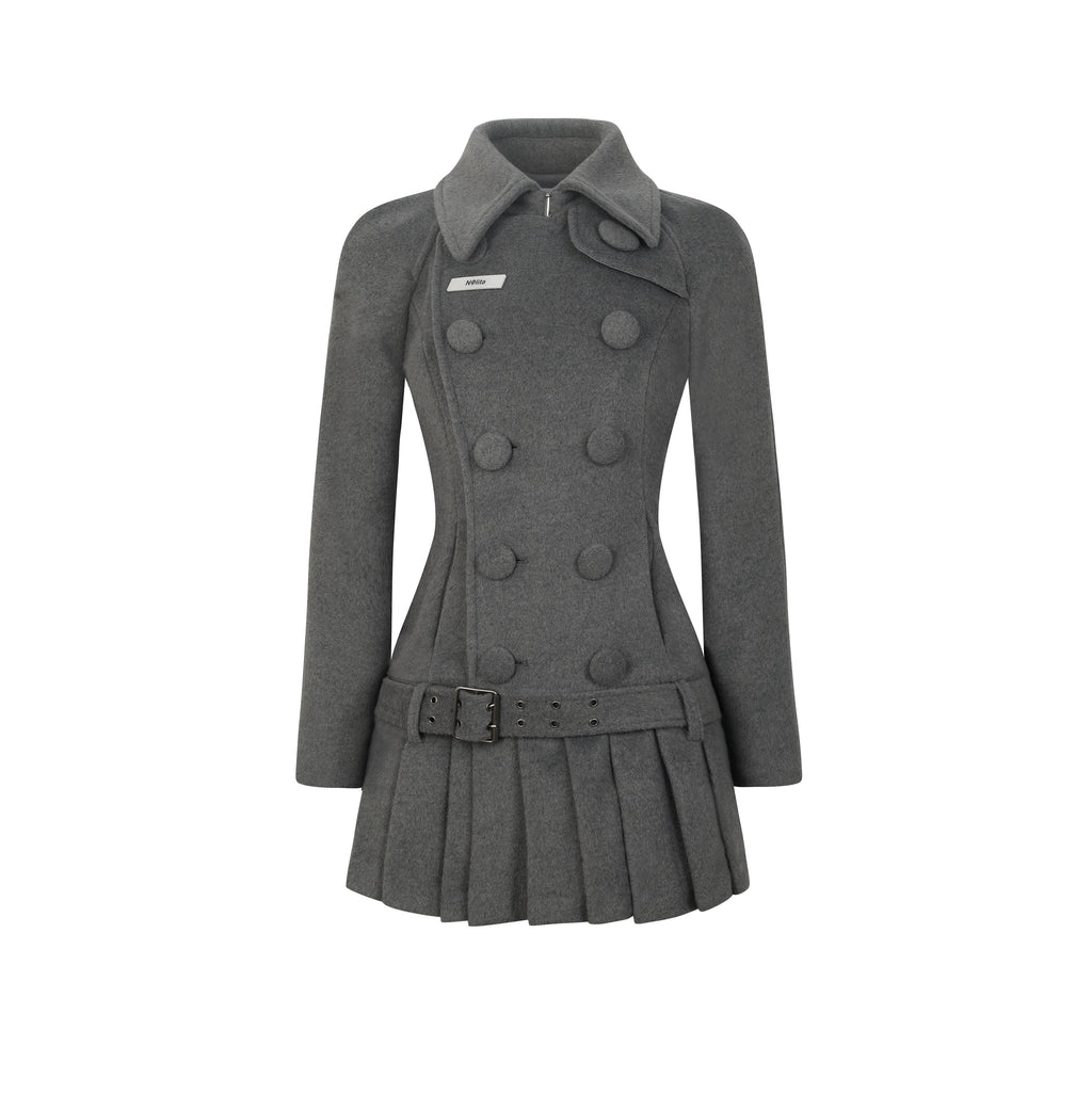 Nodress grey double-breasted pleated midi woolen jacket