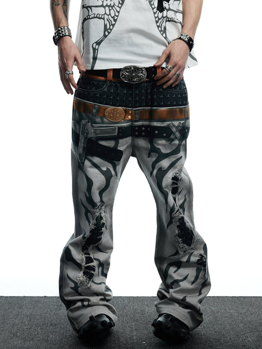 DND4DES Original  3D Printed Double Waistband Pistol Tiger Stripe Straight Leg Flared Jeans